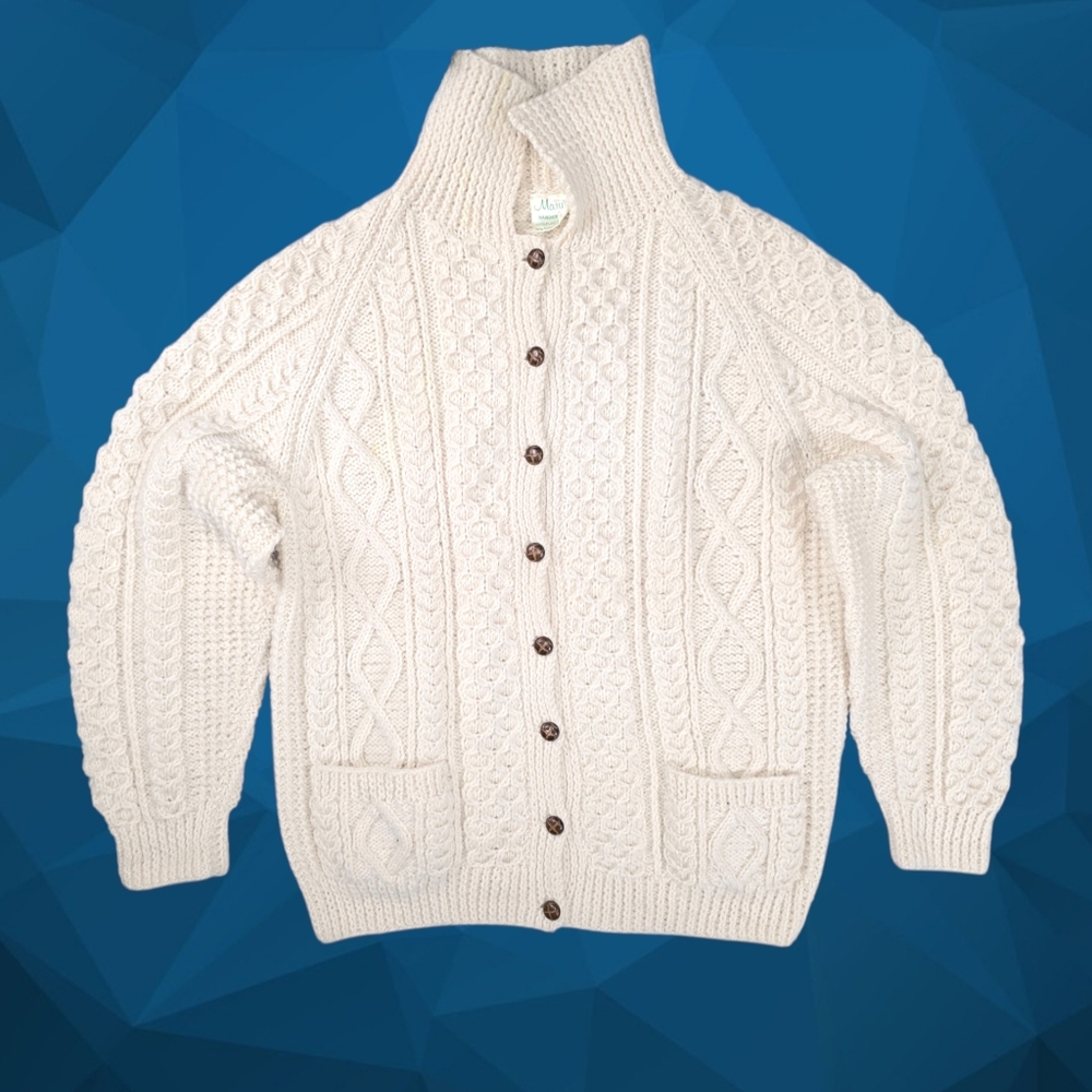 Men's irisn Aran wooi Cardigan - Hand Knit - 100% Wool - Made in Ireland.